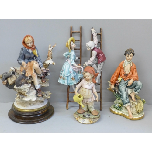 663 - Five Capodimonte figures including two climbing ladders, (one a/f) two with Neapolitan stamp, etc.