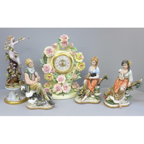 672 - A collection of Capodimonte figures including a set of three, (one with small losses) a Neapolitan s... 