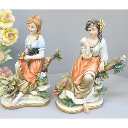 672 - A collection of Capodimonte figures including a set of three, (one with small losses) a Neapolitan s... 