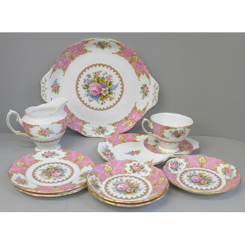 674 - A collection of Royal Albert Lady Carlyle; a bread plate, cup, a/f, three saucers, two side plates, ... 