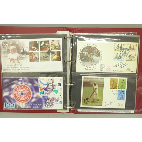 682 - Stamps; an album of autographed GB First Day Covers, many good signatures including Fred Trueman, St... 