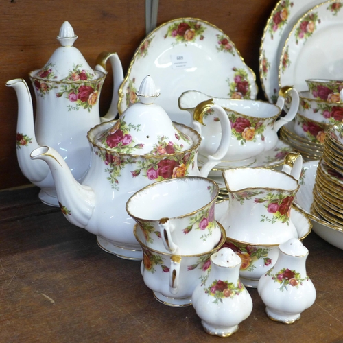 689 - Royal Albert Old Country Roses china including two tureens, tea service, coffee pot, five soup bowls... 