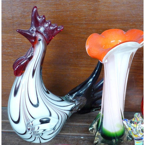 699 - Nine items of glass including Murano cat, owl, apple and chilli pepper