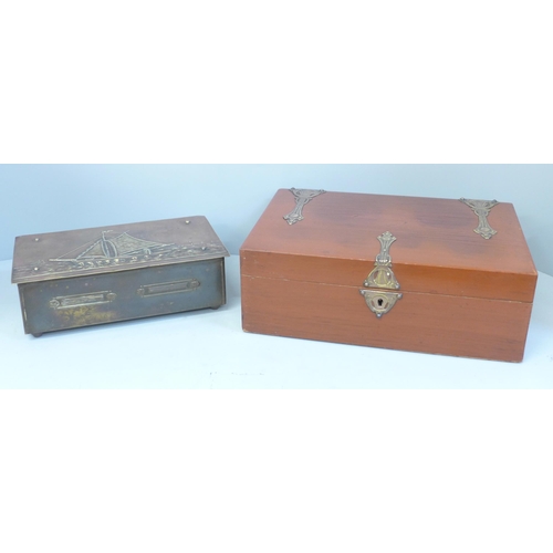 711 - An Arts and Crafts wooden box and a mixed metal box depicting a Cornish fishing scene to the lid