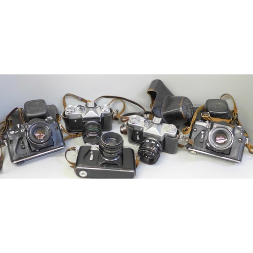 714 - Five Zenit cameras including Zenit B,  Zenit E (x2), TTL and 12XP