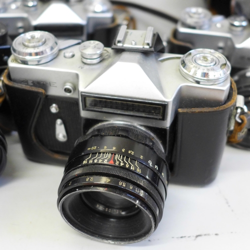 714 - Five Zenit cameras including Zenit B,  Zenit E (x2), TTL and 12XP