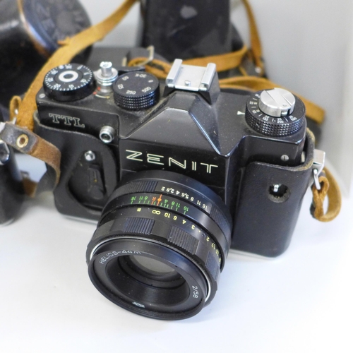 714 - Five Zenit cameras including Zenit B,  Zenit E (x2), TTL and 12XP