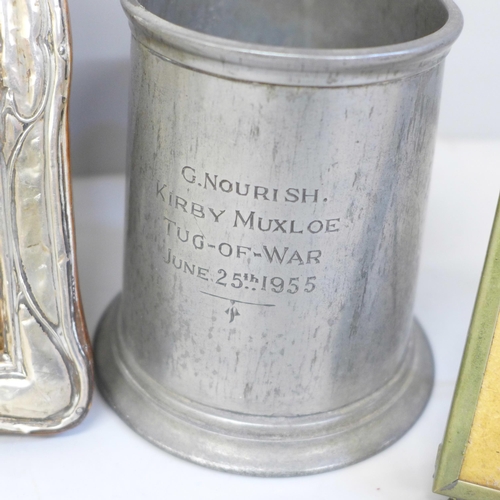 751 - A pewter tankard dated 1955, a silver photograph frame, a/f and five other photograph frames