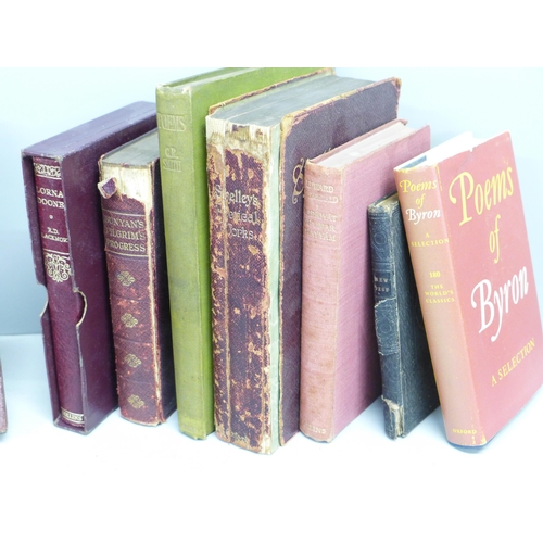 763 - A collection of poetry books including Byron, Shelley and a pencil box