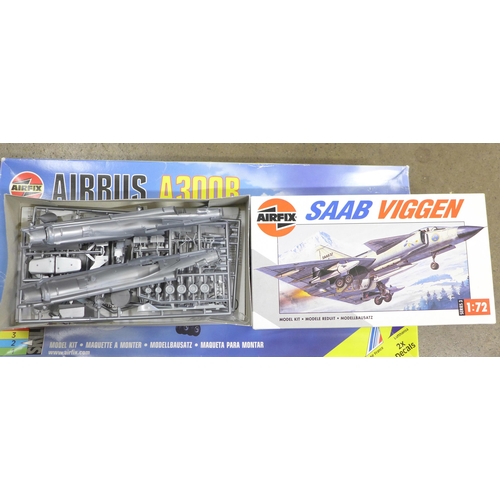 770 - Three model aircraft kits; two Airfix and one Mini Craft, Saab, Airbus A300B Continental (box only)