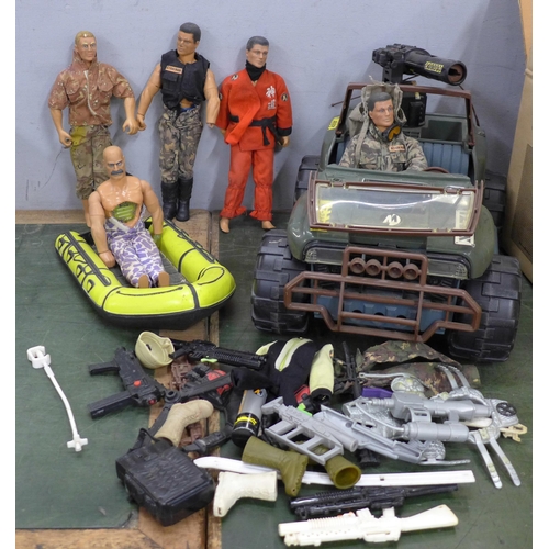 780 - A box of Action Man figures, clothes, Jeep, Dinghy, etc.