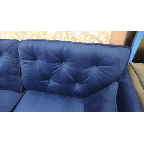 1326 - A Hoxton blue velvet upholstered three seater sofa RRP £799