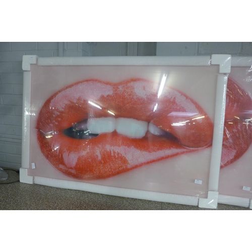 1494 - A large glass 'Lush Lips' wall art panel