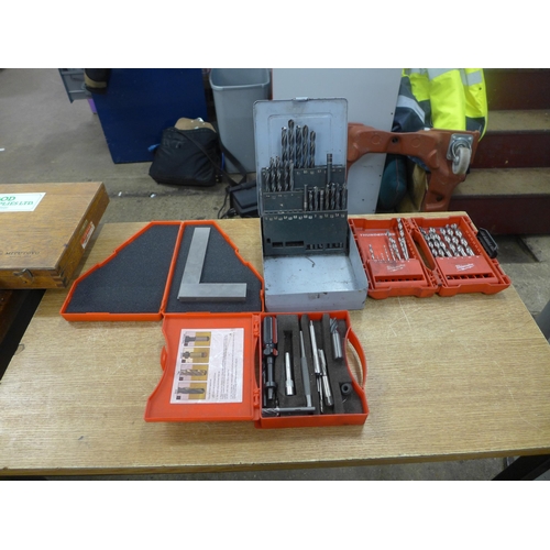 2041 - A Kennedy Engineers square, a thread repair kit and two cases of metalworking drills * This lot is s... 