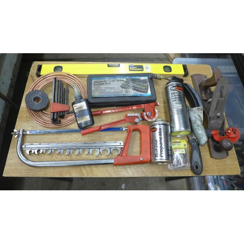 2071 - A box of assorted hand tools including blow torch, pipe bender, saw, plane etc. * This lot is subjec... 