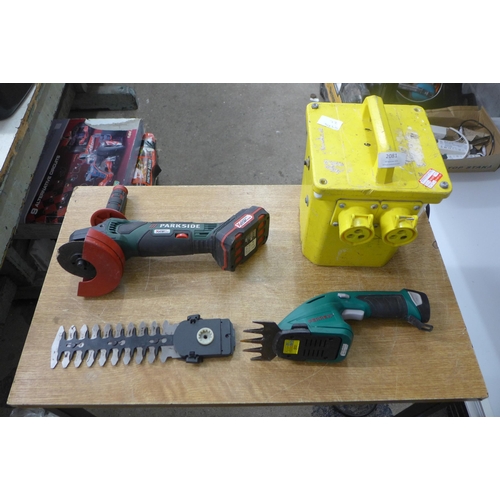 2081 - A Parkside cordless angel grinder and Ferrex hedge cutter and a transformer - transformer failed ele... 