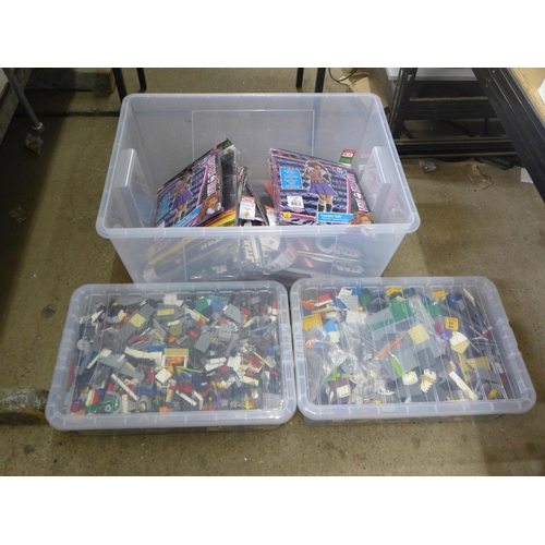 2096 - Two large tubs of mixed Lego and Cobi building bricks and a large tub containing a quantity of child... 