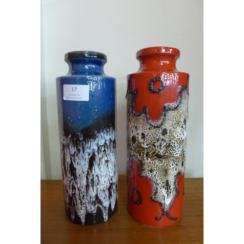 17 - Two West German red and blue glazed porcelain volcano vases