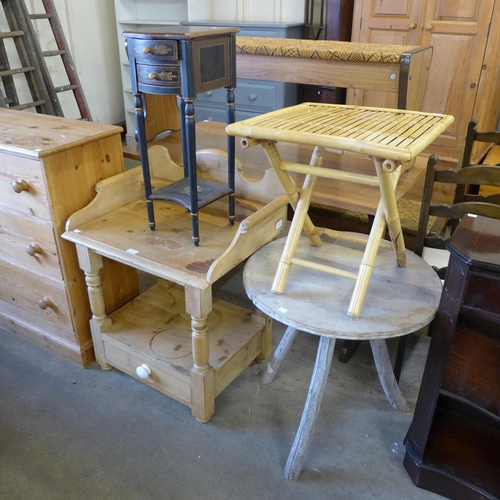 200 - A Victorian style pine washstand, a pine cricket style table, a folding bamboo occasional table and ... 