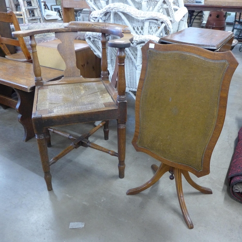 206 - A George III provincial elm rush seated corner chair and a mahogany and leather tilt-top occasional ... 