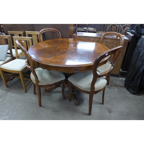 222 - An Italian Sorrento ware circular inlaid walnut pedestal dining table and four chairs