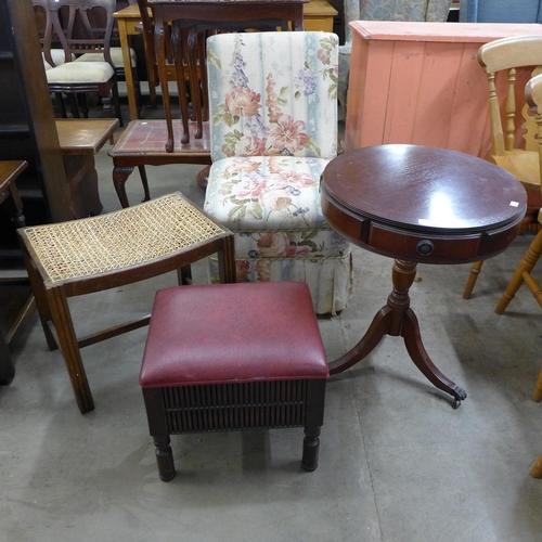 228 - A circular mahogany drum shaped wine table, an Art Deco oak stool, another stool and a chair