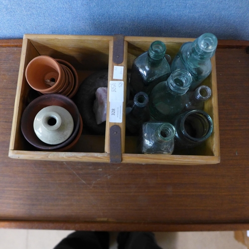 328 - A pine Coca-Cola trug, assorted vintage glass bottles, etc.