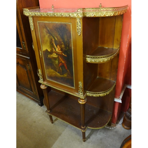 73 - A French Louis XV style beech, gilt metal and marble topped Vernis Martin side cabinet