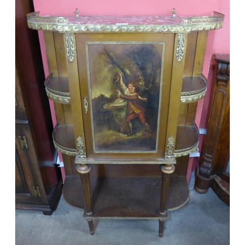 73 - A French Louis XV style beech, gilt metal and marble topped Vernis Martin side cabinet