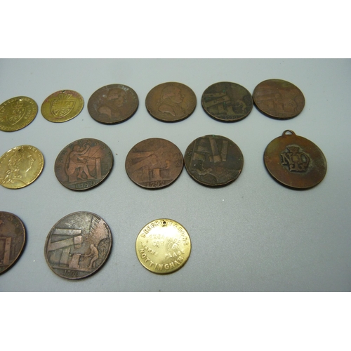 1299 - A collection of 18th and 19th Century trade and game tokens, etc., including Nottingham related and ... 