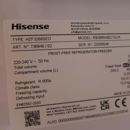 3023 - Hisense Stainless Steel Freestanding Fridge Freezer (model:- RB388N4BC10UK), original RRP £349.99 + ... 