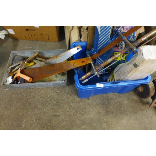 2371 - A quantity of assorted tools including mitre saw, tool stand etc.