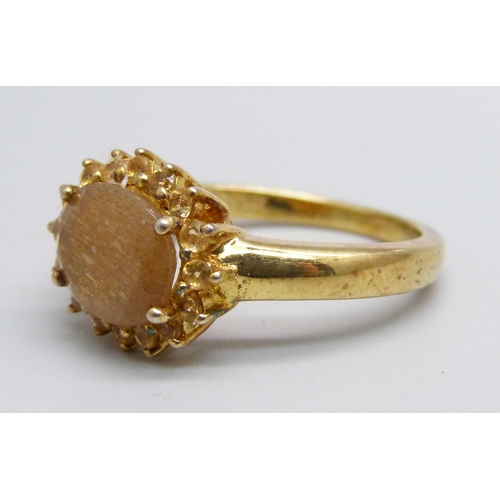 1054 - A silver gilt, pink moonstone and citrine cluster ring, S