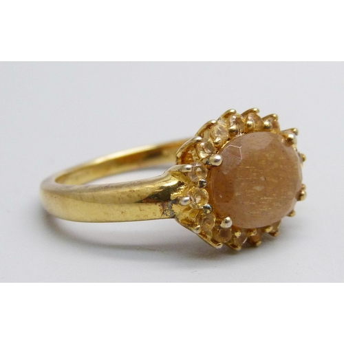 1054 - A silver gilt, pink moonstone and citrine cluster ring, S