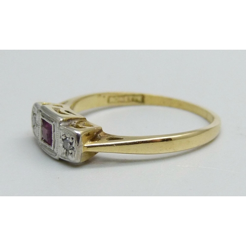 1058 - An Art Deco 18ct gold, platinum, diamond and ruby ring, 2.3g, L