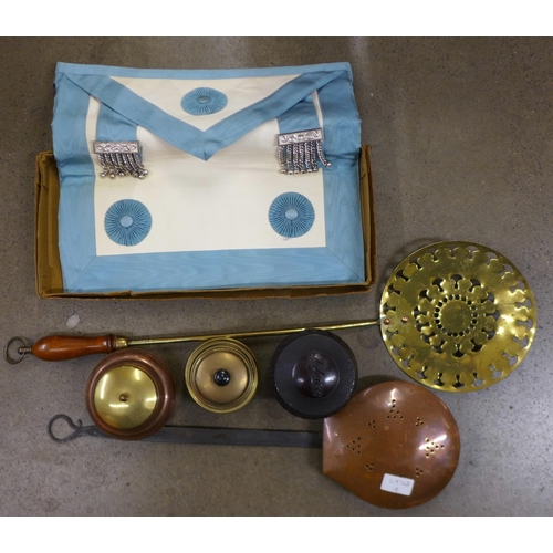 1084 - A Masonic apron, boxed, Bakelite tobacco jar, two brass and copper caddies, copper chestnut roaster ... 