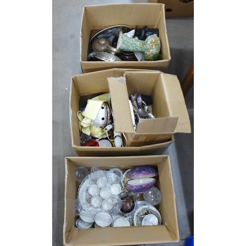 1088 - Three boxes of assorted glass and china including Royal Albert Brides Choice and a collection of pla... 