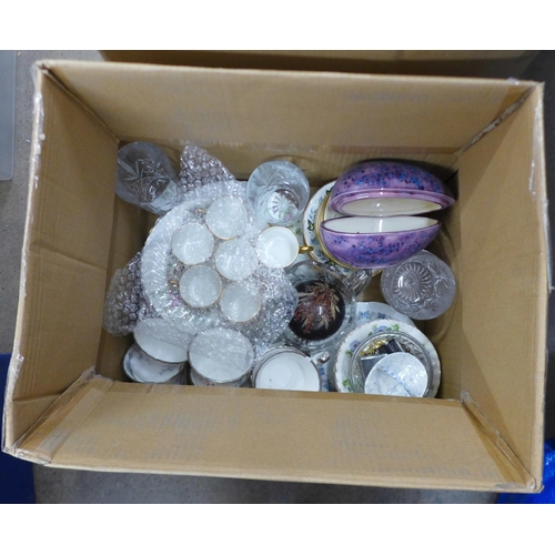 1088 - Three boxes of assorted glass and china including Royal Albert Brides Choice and a collection of pla... 