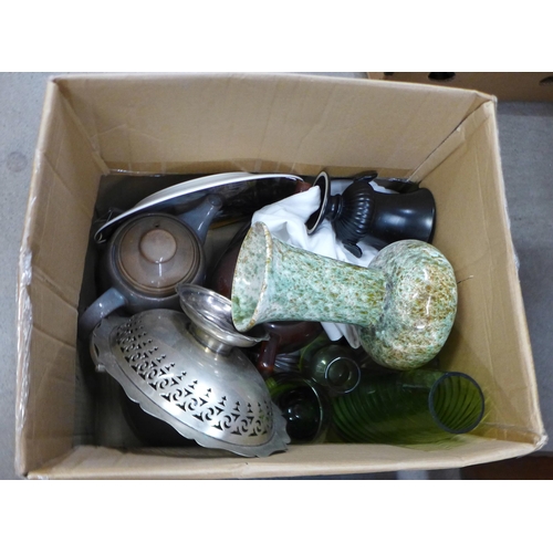 1088 - Three boxes of assorted glass and china including Royal Albert Brides Choice and a collection of pla... 