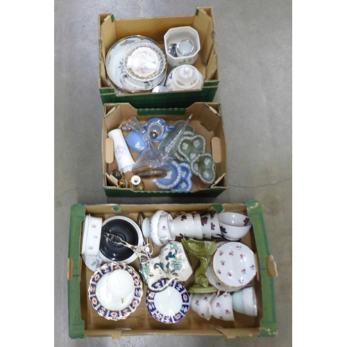 1092 - Three boxes of mixed teawares, decorative china including Wedgwood Jasperware, Hummel figure and gla... 