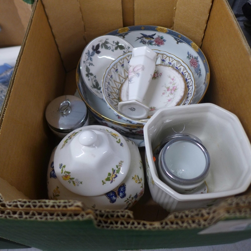 1092 - Three boxes of mixed teawares, decorative china including Wedgwood Jasperware, Hummel figure and gla... 