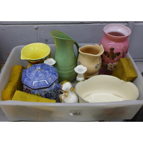 1100 - A box of mixed china, painted pink glass vase, a Royal Cauldon Art Deco jug, Burslem ware jug, Rubia... 