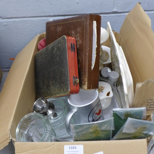 1101 - A box of mixed china and glass, cased flatware, etc. **PLEASE NOTE THIS LOT IS NOT ELIGIBLE FOR POST... 