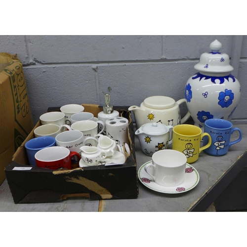 1106 - A collection of hand painted pottery, cups, mugs, salt and pepper pots, soap dispenser, teapot, etc.... 