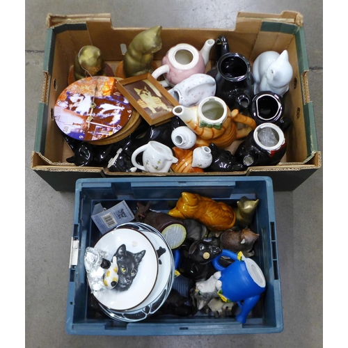 1110 - Two boxes of cat ornaments and plates including two cast iron doorstops  **PLEASE NOTE THIS LOT IS N... 