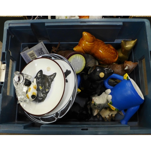 1110 - Two boxes of cat ornaments and plates including two cast iron doorstops  **PLEASE NOTE THIS LOT IS N... 