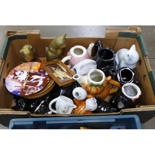 1110 - Two boxes of cat ornaments and plates including two cast iron doorstops  **PLEASE NOTE THIS LOT IS N... 