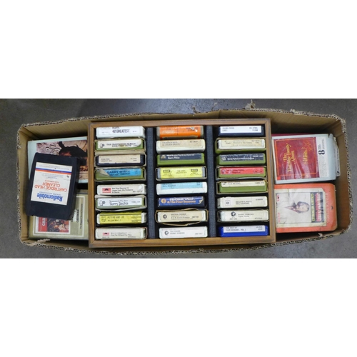 1118 - A box of 8-track music cartridges, approximately 100 and a JVC double cassette deck & 8 track cartri... 