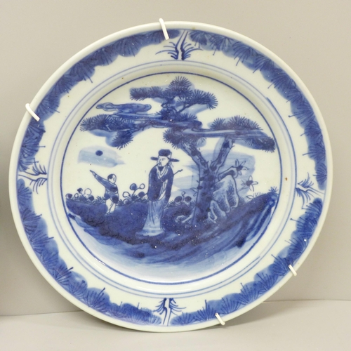 609 - Two Chinese export blue and white plates, 21cm