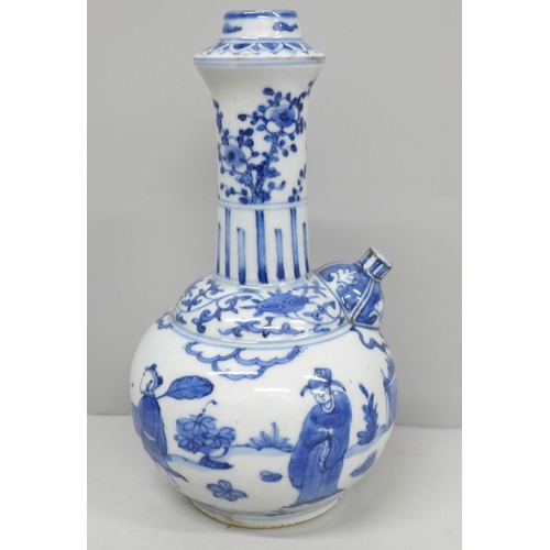 619 - A Chinese blue and white kendi with six character mark to base, 21cm